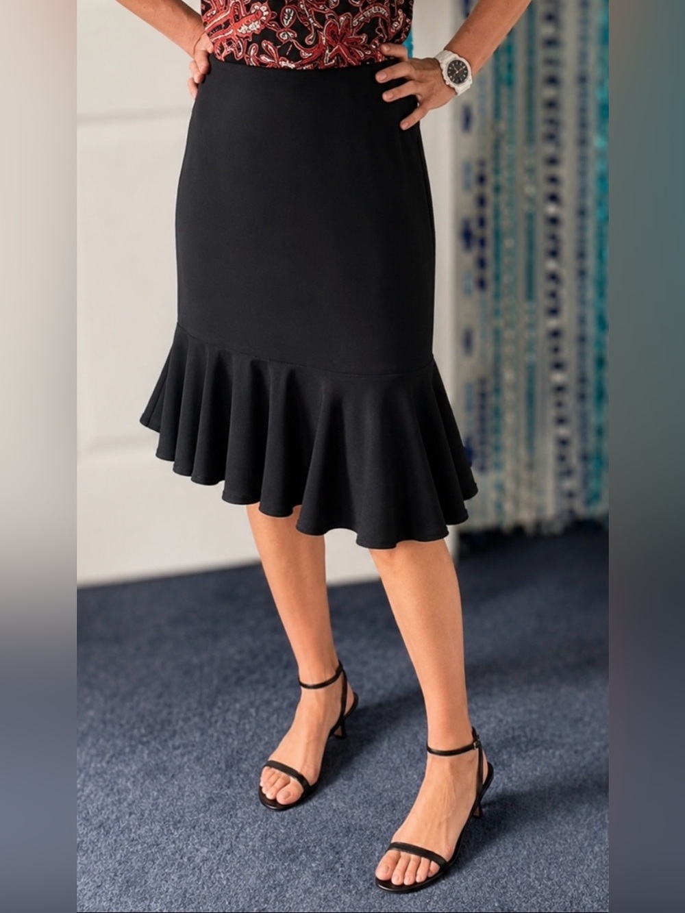 🇨🇦 Skirt Vintage 80s Black Wool Tailored Fit & Flare Flounce• Simon Chang Design